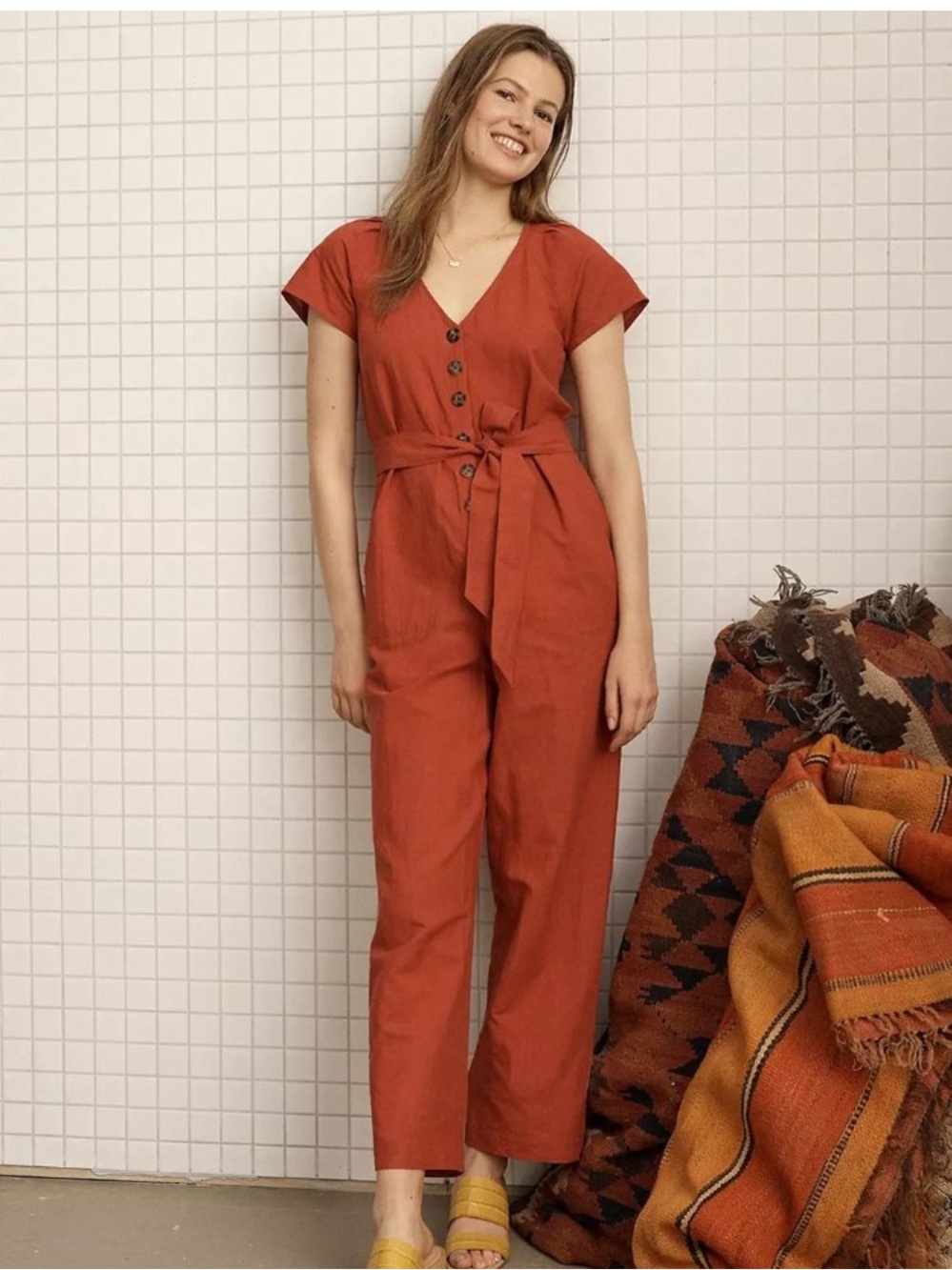Madewell Rust Red V-Neck Short Sleeve Jumpsuit with Waist Tie